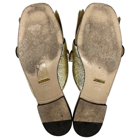 Gucci Marmont Logo Gold Foiled Leather Kiltie Fringe Flat Loafer Mules - Picture 7 of 8